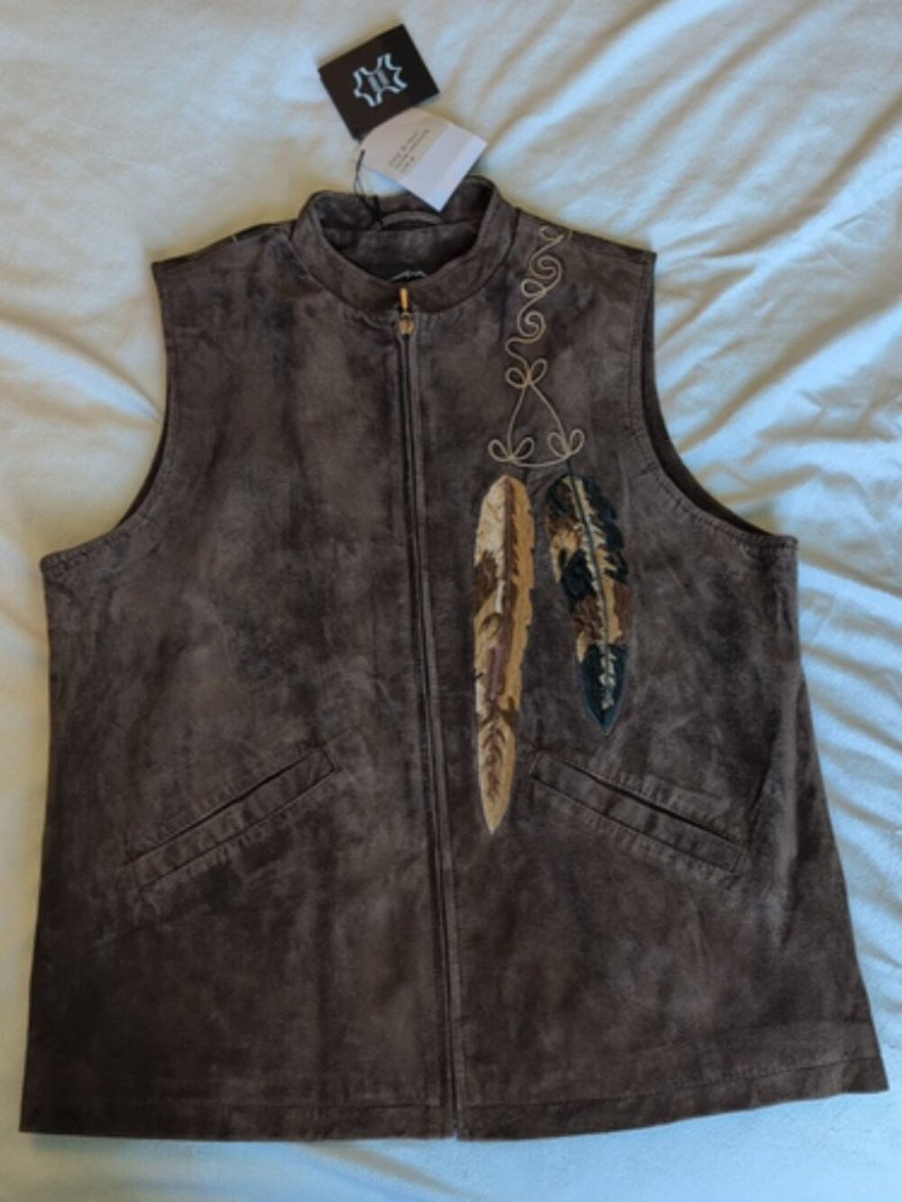Montanaco Vintage Brown Leather Suede Vest Women's M Feather Embroidered NWT